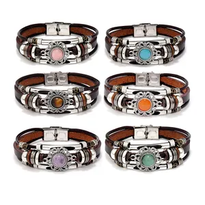 Vintage Multi-layer Leather Bracelet Men Women Stainless Steel Clasp Natural Stone Inlaid Bohemian Punk Jewelry Charm