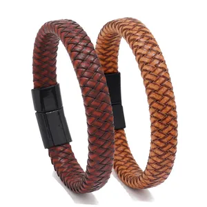 Men's braided leather bracelet set with vintage magnetic clasps in brown tones
