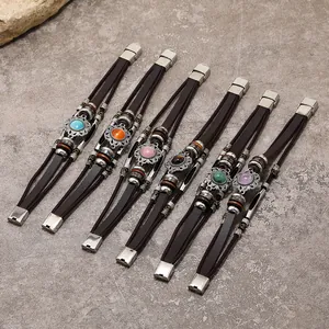 Bohemian multi-layer leather bracelet with colorful faux cat-eye stones and magnetic clasp