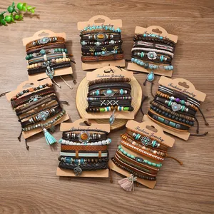 Böhmisches Mehrlagiges Leder Armband Set Für Herren Damen Vintage Ethnisch Handgefertigt Holzperlen Synthetikstein Schmuck