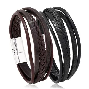 Men's retro multi-layer leather bracelet set with magnetic clasp in black and brown