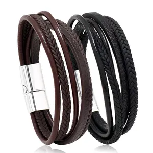 Men's retro multi-layer braided leather bracelet with silver magnetic stainless steel clasp