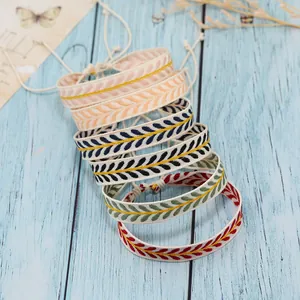 Boho υφαντά βραχιόλια φιλίας από βαμβάκι με σχέδιο φύλλων και ρυθμιζόμενο κλείσιμο