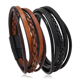 Retro multi-layer braided leather bracelets with magnetic clasps in black and brown