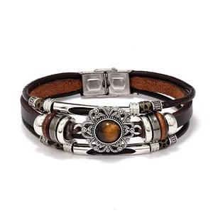 Vintage multilayer leather bracelet for men with natural tiger eye stone and steel clasp
