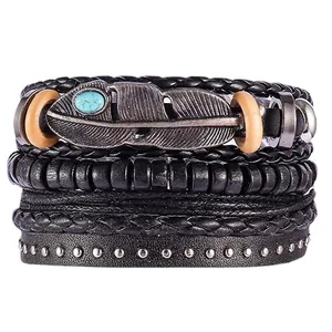 Vintage multi-layer leather bracelet with turquoise feather charm and punk ethnic beads