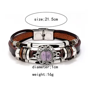 Multilayer brown leather bracelet with purple stone and stainless steel clasp, 21.5cm length