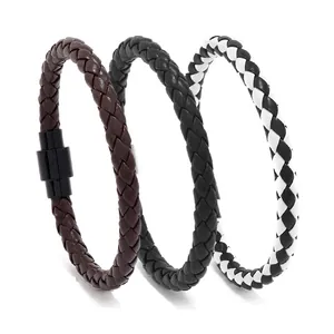 Men's retro braided leather bracelets with checkerboard patterns and magnetic clasps