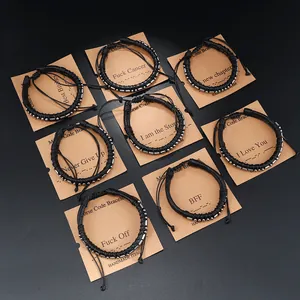 Set di 8 braccialetti fatti a mano con codice Morse, cordino nero e perle argentate