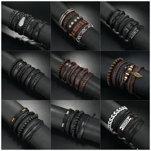 Retro Punk Herren Mehrlagiges Lederarmband Set Geflochtenes Seil Metall Flügel Stern Kreuz Blatt Anhänger Modeschmuck