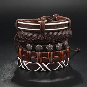 Retro-Mehrlagen-Lederarmband-Set in Braun mit Sternnieten und gewebten Kordeln