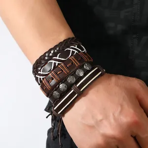 Herren Leder-Armband Set mit Stern-Nieten und mehrlagiger geflochtener Kordelwickel