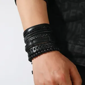 Herren Vintage Lederarmband Set in Schwarz mit Holzperlen und geflochtenen Seilen