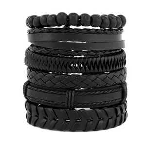 Mehrlagiges schwarzes Lederarmband-Set mit Perlen im Vintage-Punk-Stil für Herren