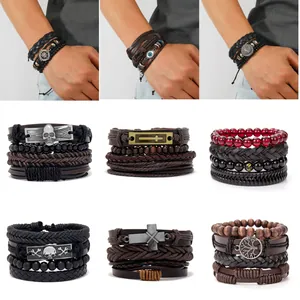 Mehrlagiges Retro-Punk-Lederarmband-Set mit Flügel- und Kompass-Anhängern für Herren