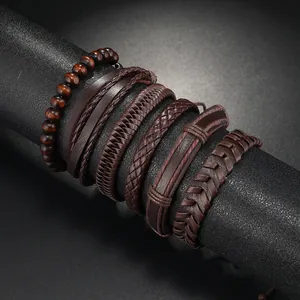 Vintage mehrlagiges geflochtenes Lederarmband-Set mit braunen Holzperlen für Damen und Herren