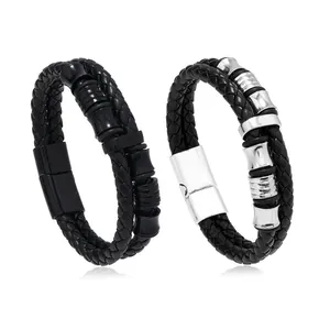 Bracelets pour hommes en cuir noir tressé à double brin avec fermoir magnétique