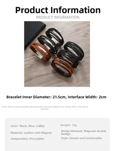 Dettaglio dei bracciali in pelle intrecciata con chiusure magnetiche e dimensioni indicate