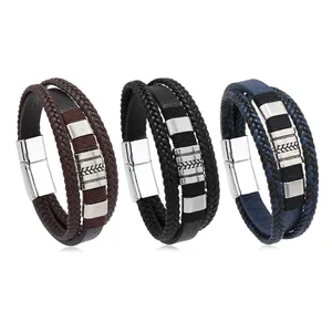 Bracciali da uomo multistrato in pelle intrecciata con perle incise e chiusura magnetica