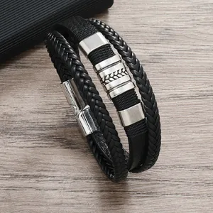 Bracciale multistrato in pelle intrecciata nera da uomo con chiusura magnetica stile vintage