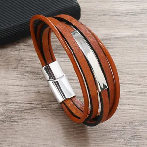 Bracciale multistrato in pelle marrone fatto a mano con chiusura magnetica in argento