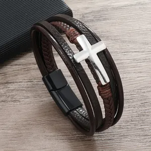 Bracciale da uomo in pelle marrone retrò con croce in metallo e chiusura magnetica