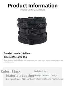 Detailed view of adjustable black braided PU leather bracelet set with size specifications