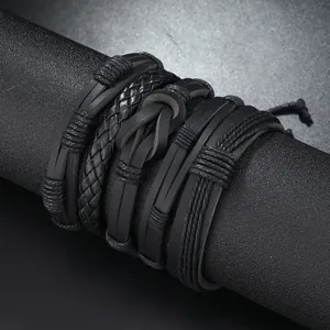 Multi-layer black braided leather bracelet set featuring infinity knots and punk styling