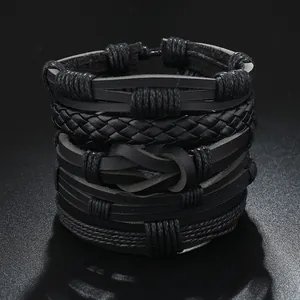 Men's multi-layer black braided leather bracelet set with infinity knot and adjustable cord