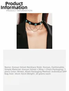 Detail specifications of black velvet choker with lapis-style beads and alloy chain