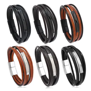 Bracciali multistrato in pelle da uomo con chiusure magnetiche in nero e marrone scuro