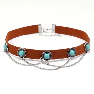 Bohemian brown leather choker necklace with turquoise circular silver metal ornaments