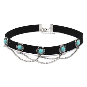 Gothic punk black velvet choker with turquoise stones and tiered silver chain tassels