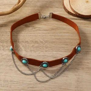 Bohemian brown suede choker with turquoise accents and multi-layer silver metal chains