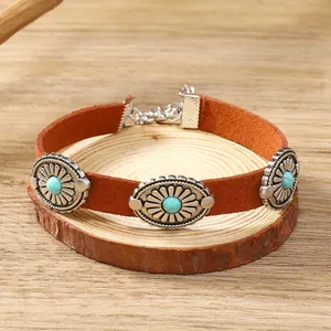 Punk style PU leather choker necklace with turquoise stone and vintage metal rivets