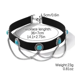 Bohemian black choker with blue turquoise stones and silver chain fringes for women