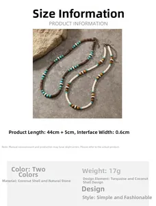 Detail view of handmade beaded necklace with coconut shell and turquoise stones specifications