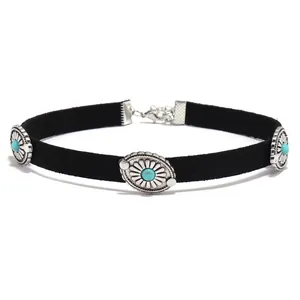 Punk black velvet choker necklace with silver daisy metal pieces and blue turquoise