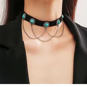 Bohemian Vintage Velvet Choker Necklace With Alloy Chain Tassel Turquoise Stone Round Pendant Punk Jewelry For Women