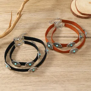 Bohemian punk choker set in black and brown PU leather with turquoise alloy flower