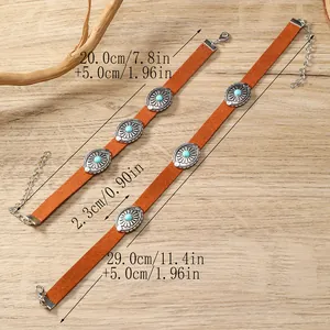 Bohemian orange suede choker set with vintage silver floral plates and turquoise beads