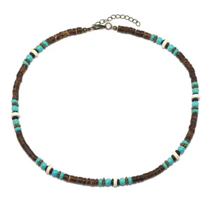 Bohemian necklace with turquoise beads, coconut shell discs, and bronze spacers