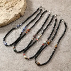 Collana in Pietra Naturale con Perline Fatte a Mano per Uomo Punk Hip Hop Perline Nere Opache Occhio di Tigre Agata Catena Regolabile Gioielli Regalo