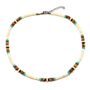 Bohemian style turquoise and coconut shell beaded necklace with adjustable metal clasp