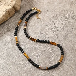 Collana vintage da uomo in pietre naturali con perle nere e pietre occhio di tigre