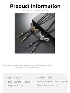 Détail du bolo tie aigle vintage avec cordon en cuir PU tressé noir et alliage