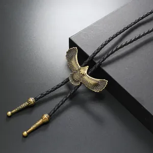 Cravate bolo aigle en bronze vintage avec cordon tressé en cuir PU noir pour homme