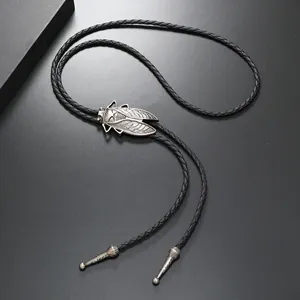 Vintage silver cicada bolo tie with black braided leather cord for men punk hip hop style