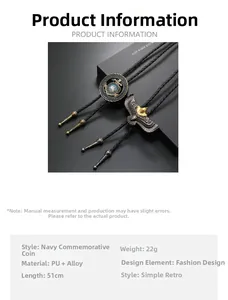 Detailansicht der Vintage-Bolo-Krawatte mit Marine-Medaille, Adler und PU-Lederband