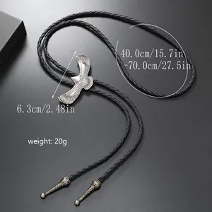 Cravate bolo aigle vintage avec cordon en cuir tressé noir et pendentif réglable en argent